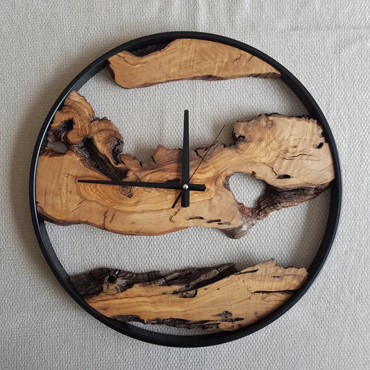 Custom Made Metal & Olive Wood Wall Clock, Wooden Wall Clock, Rustic Wall Clock