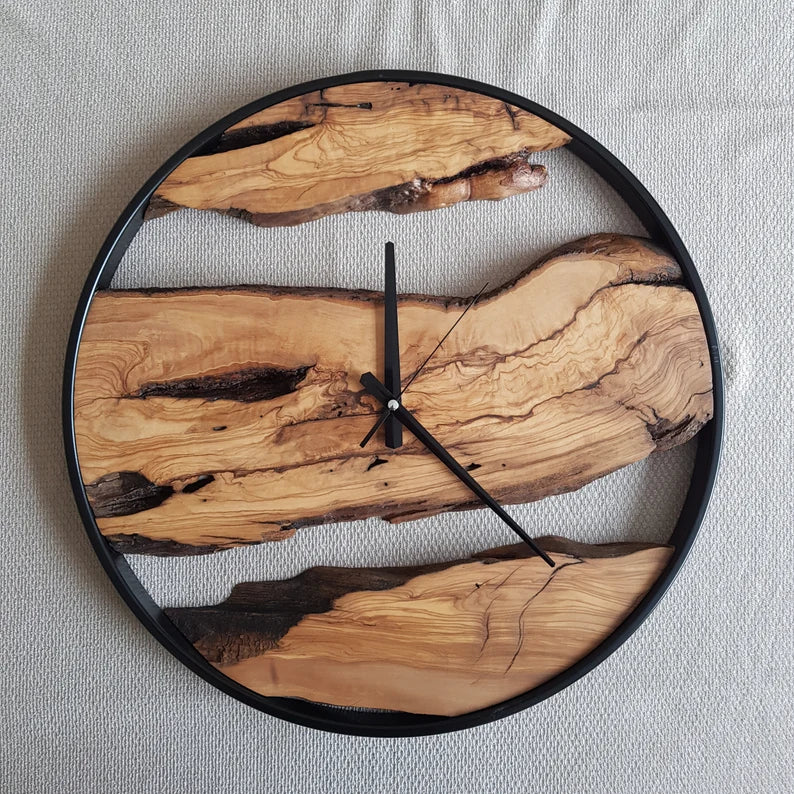 Custom Made Metal & Olive Wood Wall Clock, Wooden Wall Clock, Rustic Wall Clock