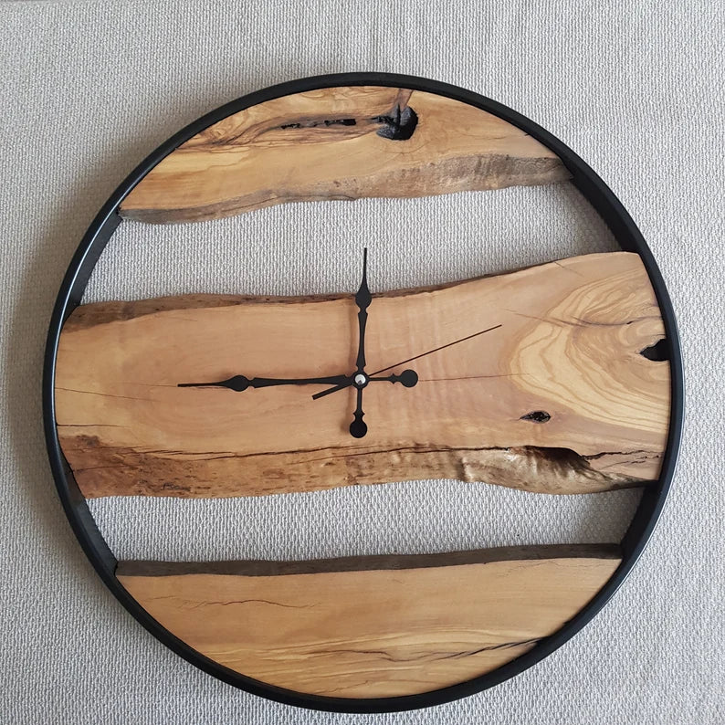 Custom Made Metal & Olive Wood Wall Clock, Wooden Wall Clock, Rustic Wall Clock